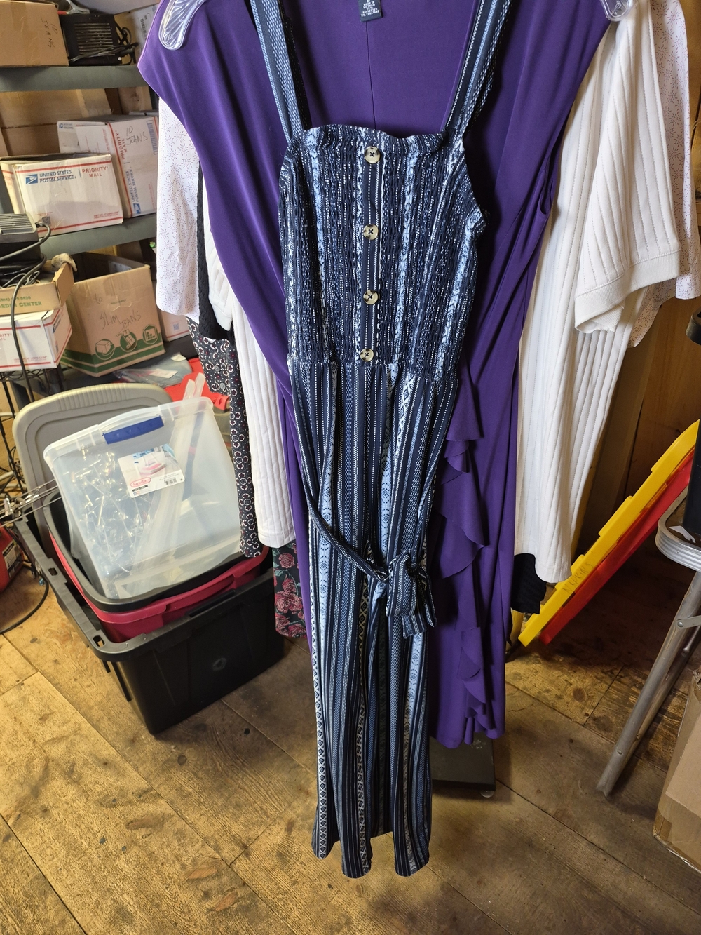 No Boundaries Navy and White Striped Smocked Jumpsuit with Tie Bin 55